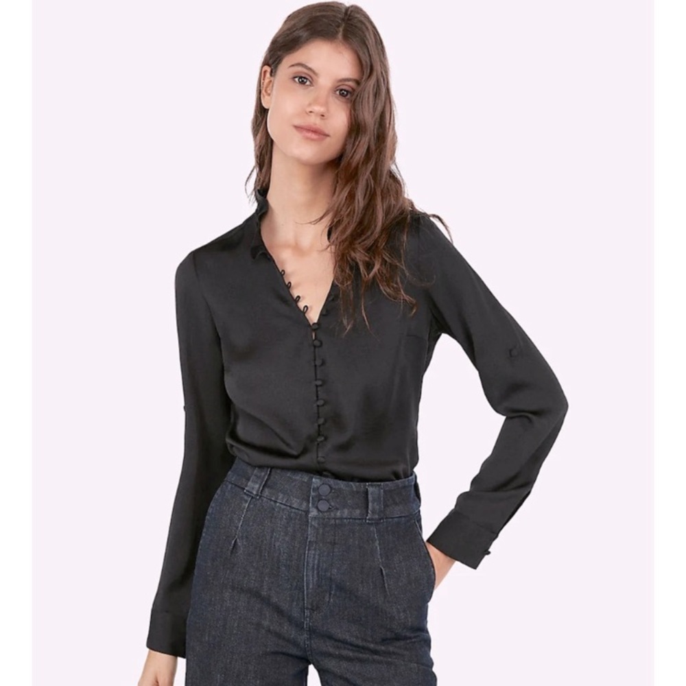 Express Portofino ruffle chiffon black long sleeve shirt size: SP